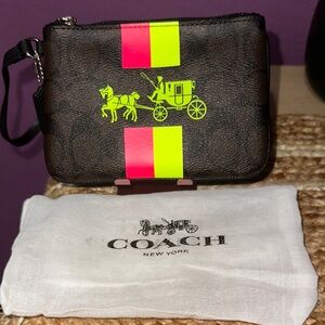 Coach Brown Wristlet with Neon Pink and Yellow Stripes